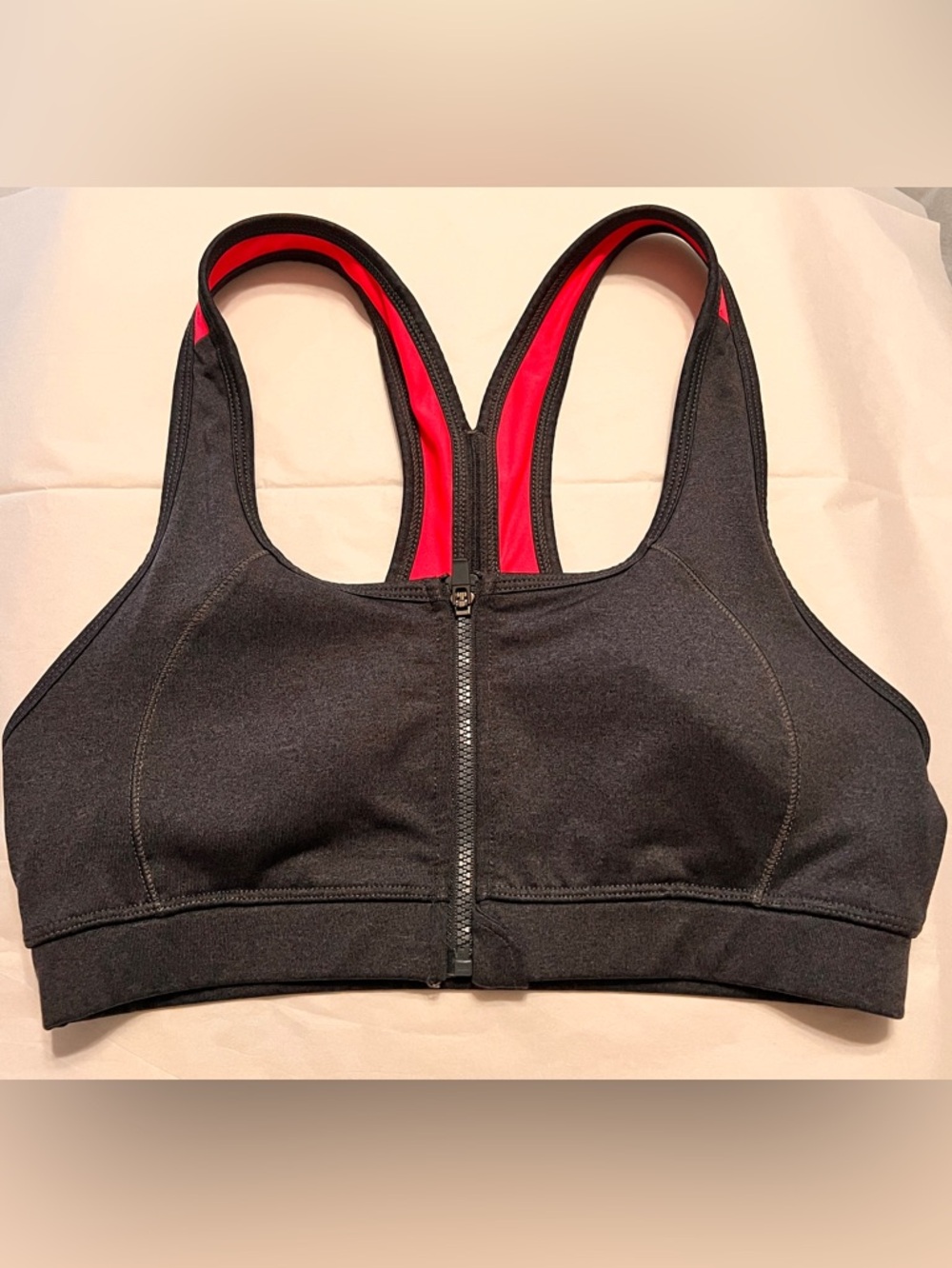 Ideology Dark Grey Sports Bra with Pink Trim Front Zip Racerback
